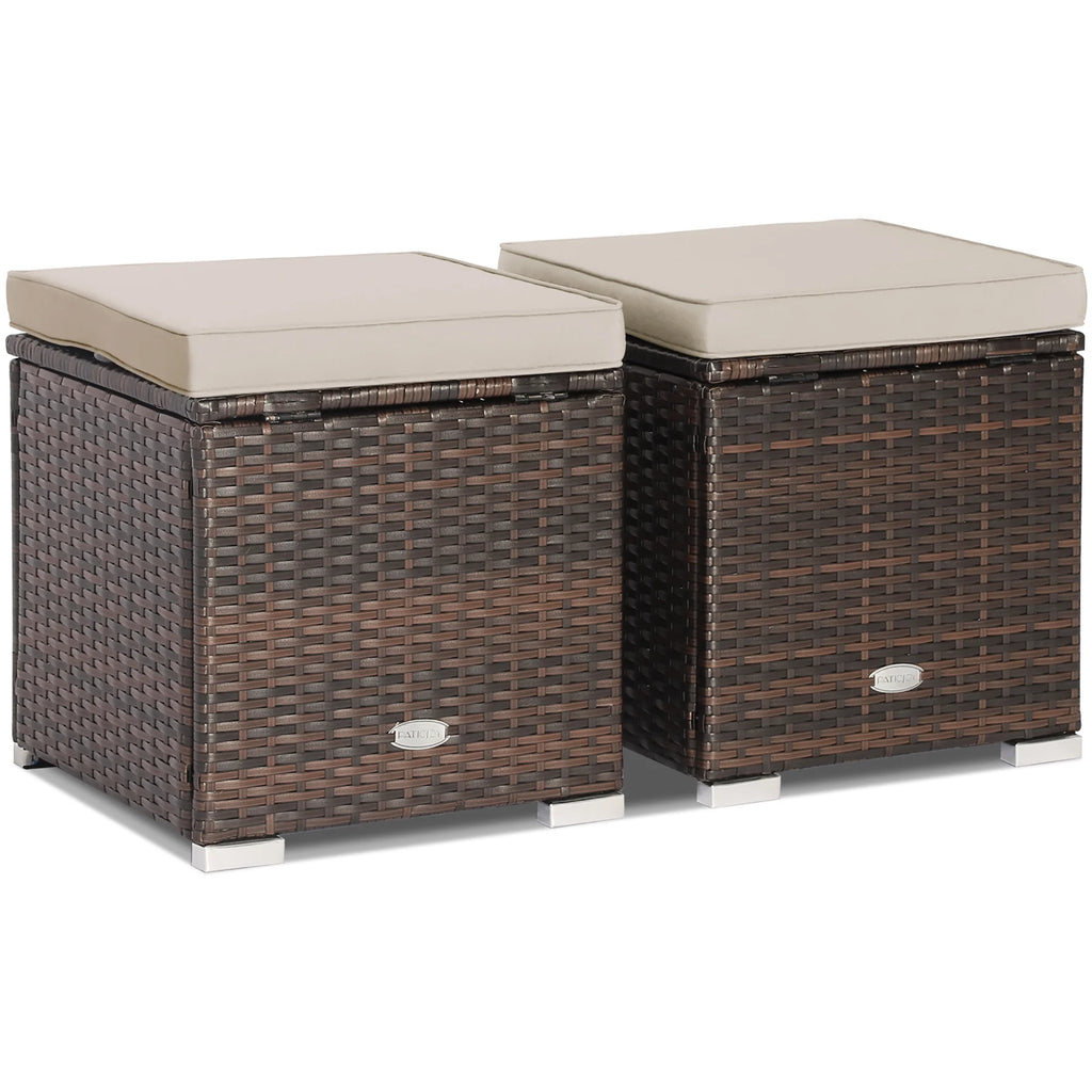 Costway 2PC Patio Rattan Ottoman Seat Side Table Storage Box Footrest Off White