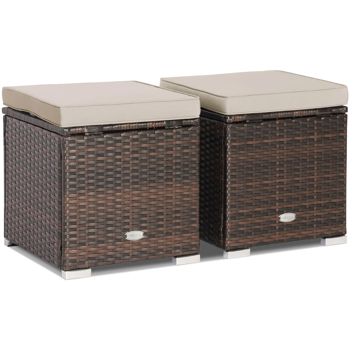 Costway 2PC Patio Rattan Ottoman Seat Side Table Storage Box Footrest Off White