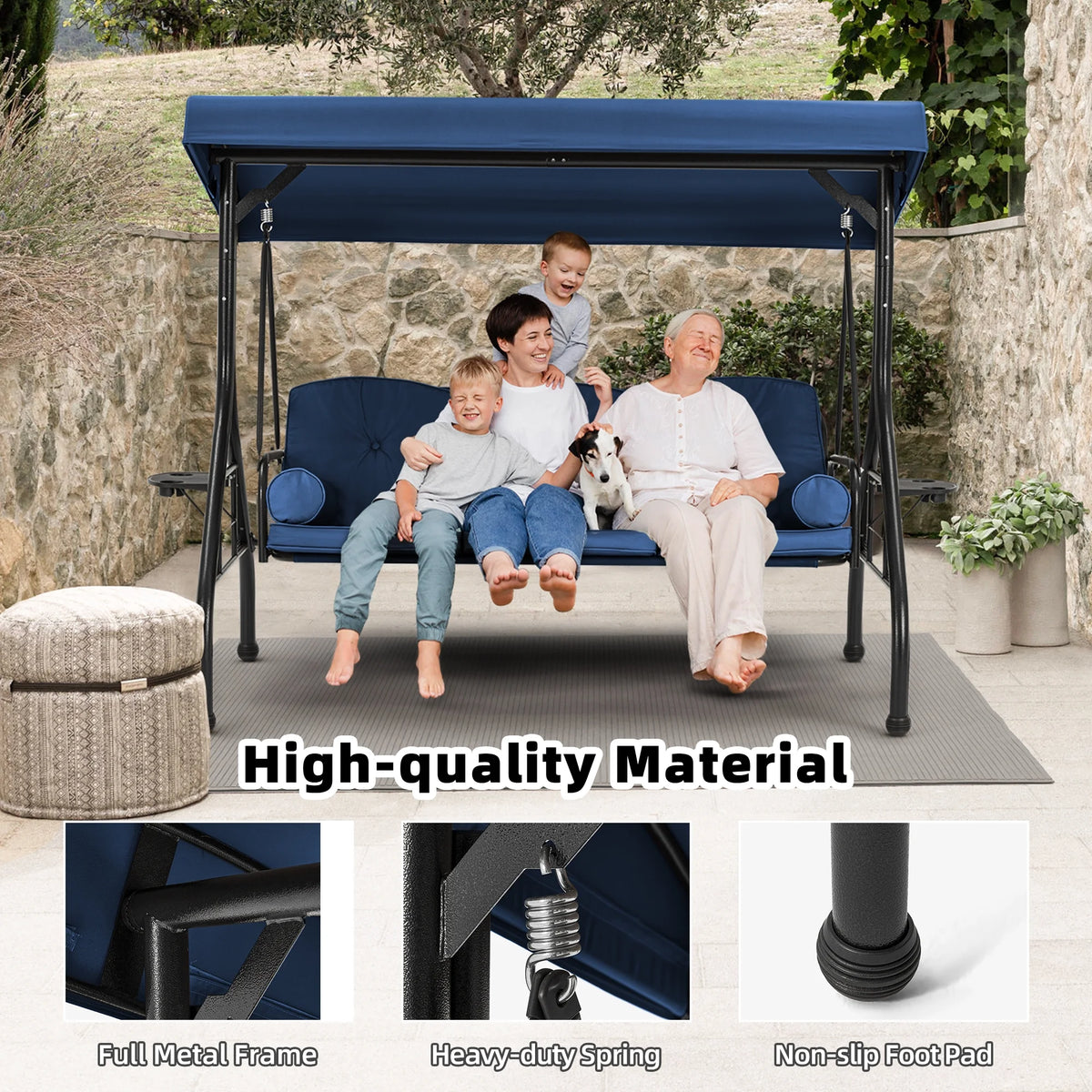 Homrest 3 Seat Outdoor Porch Swing with Adjustable Canopy, Cushions, and Cup Holder - Wine Red
