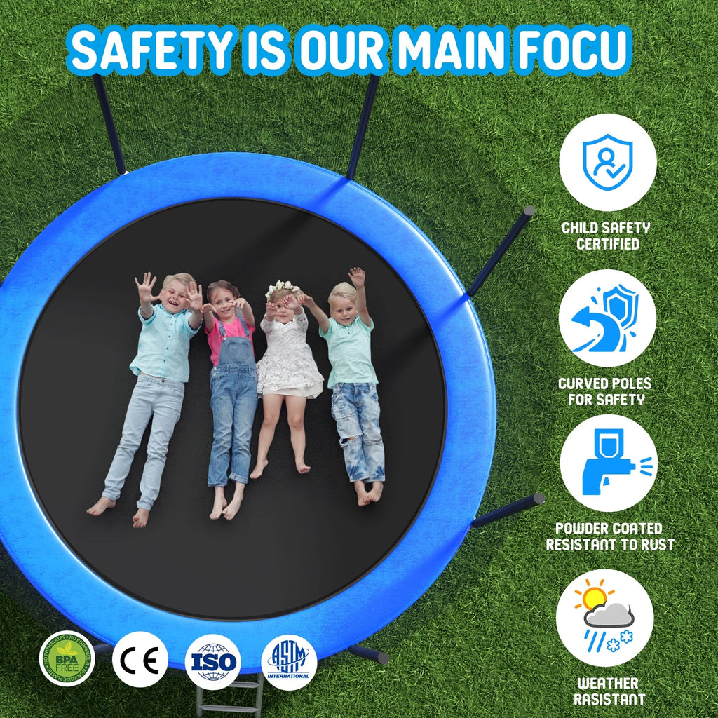 Trampoline Outdoor, 14FT Kids Trampoline with Enclosure Net and Ladder, Upgrade All-Weather Round Trampoline Curved Design with 5 Heavy-Duty Steel Legs