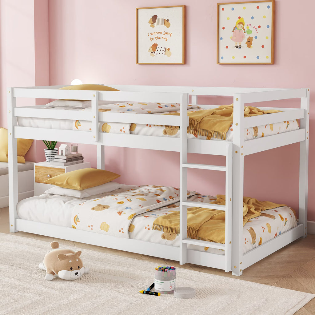 SESSLIFE Bunk Bed Twin Over Twin, Low Floor Bunk Bed with Guard Rails for Dorm, Small Space, No Box Spring Needed(White)