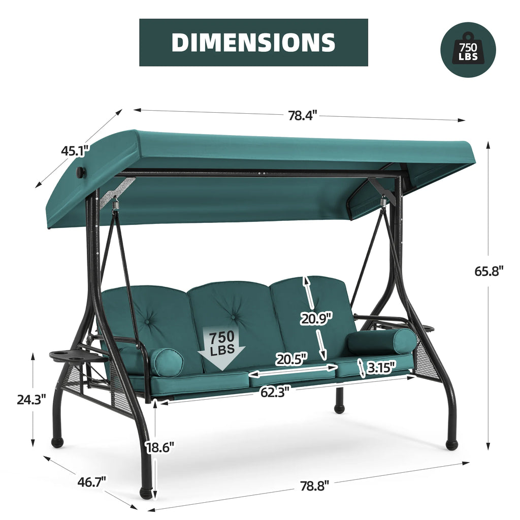 Homrest 3 Seat Outdoor Porch Swing with Adjustable Canopy, Cushions, and Cup Holder - Wine Red