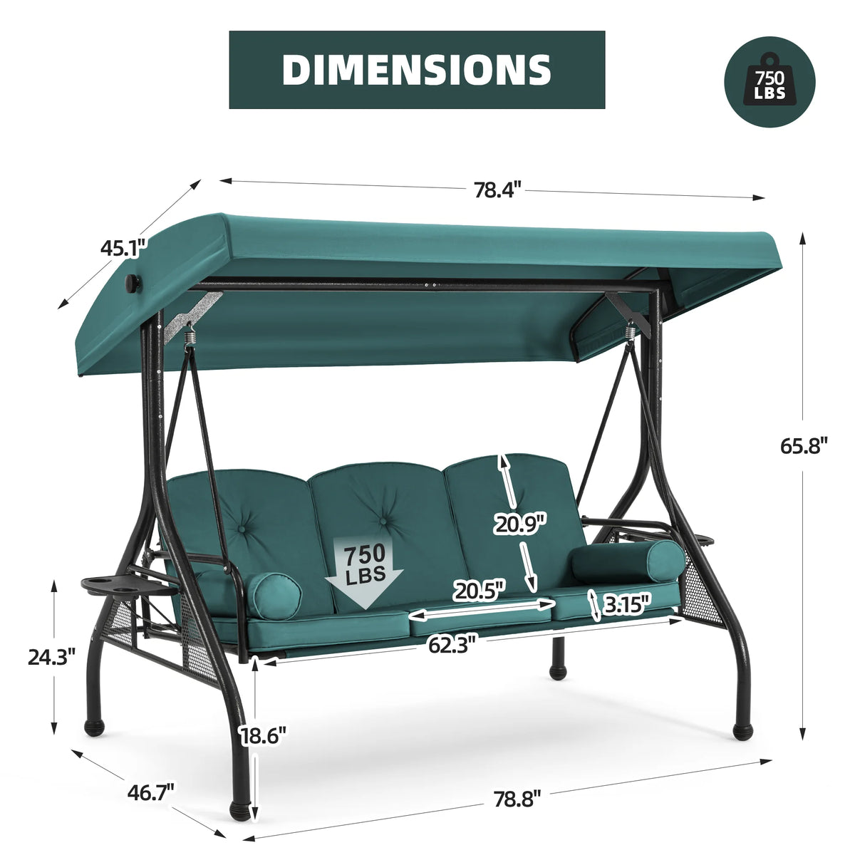 Homrest 3 Seat Outdoor Porch Swing with Adjustable Canopy, Cushions, and Cup Holder - Wine Red