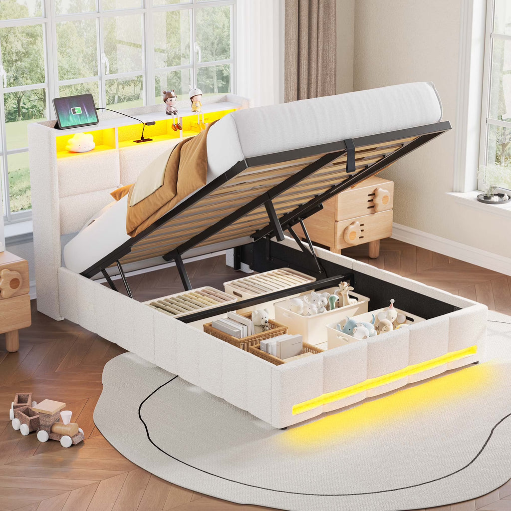 Greenstell Twin Size Lift up Hydraulic Platform Storage Bed Frame with Led Light & Charging Station, Fabric Channel Wingback Headboard, Dark Gray