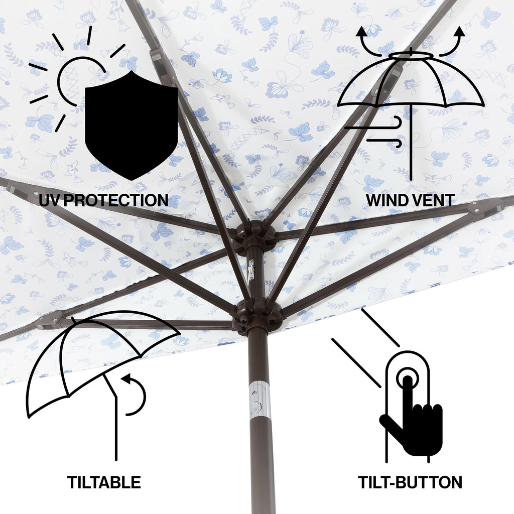 JONATHAN Y Beverly 9 ft. Half Market Patio Umbrella, Designer Classic Scalloped Fringe with Crank, Tilt Button and UV Protection, Blue/White/Cream, Dark Brown Pole