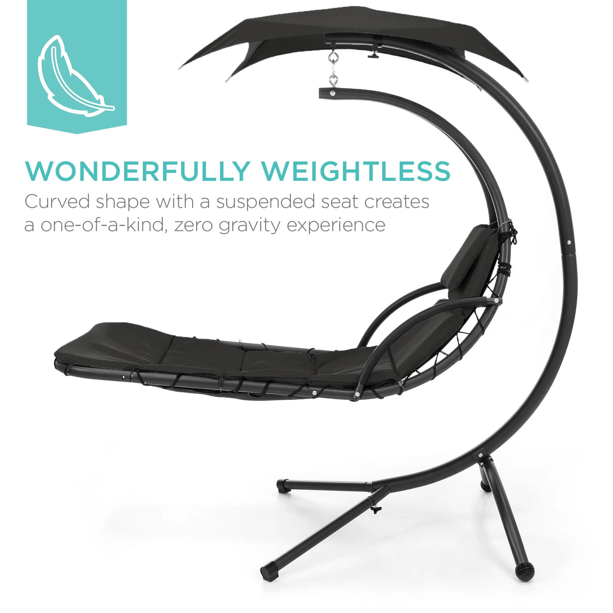 Best Choice Products Hanging Curved Chaise Lounge Chair Swing for Backyard, Patio w/ Pillow, Shade, Stand - Teal