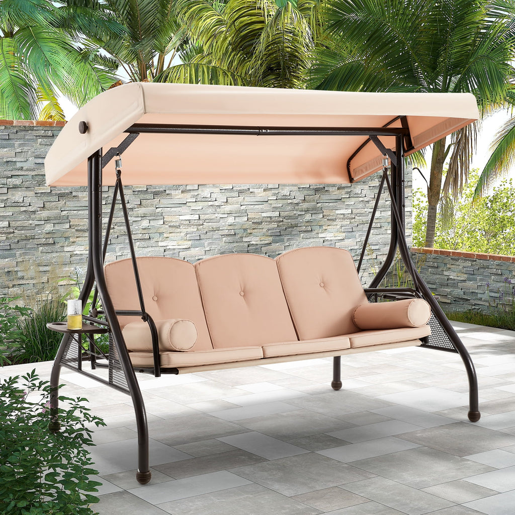 Homrest 3 Seat Outdoor Porch Swing with Adjustable Canopy, Cushions, and Cup Holder - Wine Red