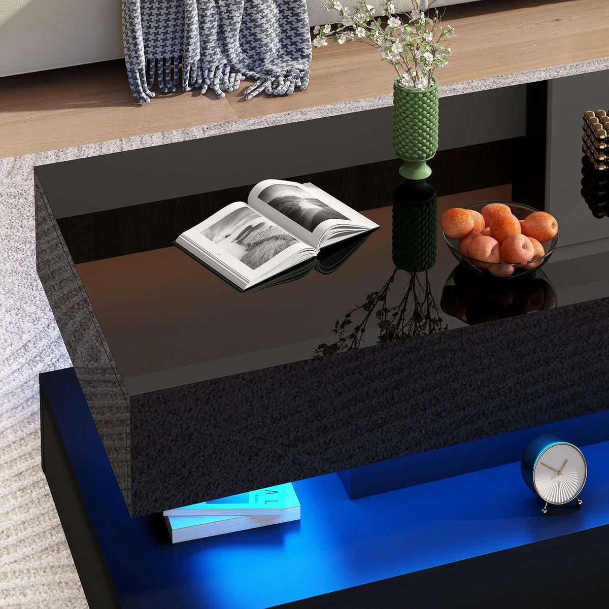 ChVans Large Black LED Coffee Table with 2 Storage Drawers, Modern High Gloss Coffee Table w/20 Colors LED Lights/APP Control, 2 Tiers Rectangle Large Living Room Furniture w/Marbling Print(47.3")