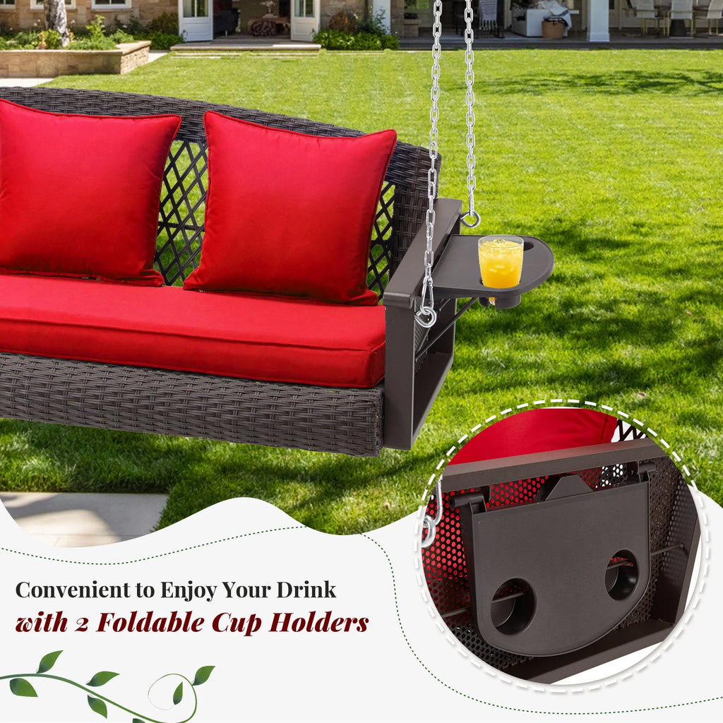 Homrest 3-Person Porch Swing 55in Wicker Hanging Swing Bench with Cushions and Cupholders for Deck, Garden and Backyard, Beige