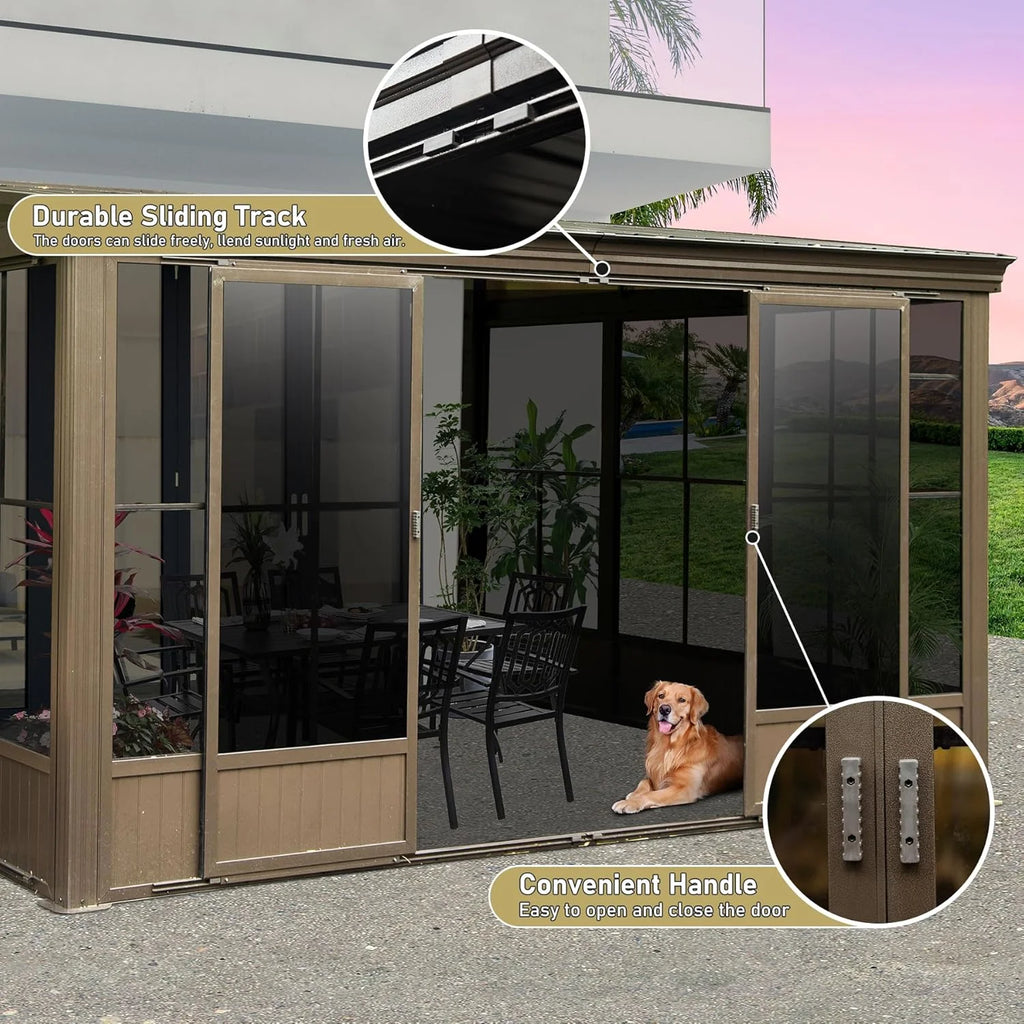TOTAL Outdoor 10'x12' All-Season Sunroom Gazebo with Steel Roof, PVC Screen, Front & Side Door, Brown