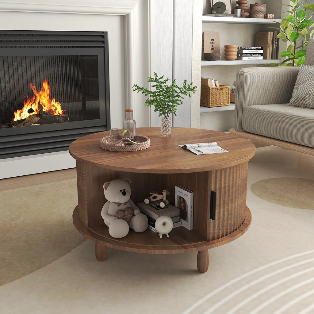 RUMLIVE Round Coffee Table with Storage, 30.7" Modern Coffee Table with 360 Curved Sliding Door, Fluted Wood Coffee Table with Footpads, Round Center Table for Living Room, Black