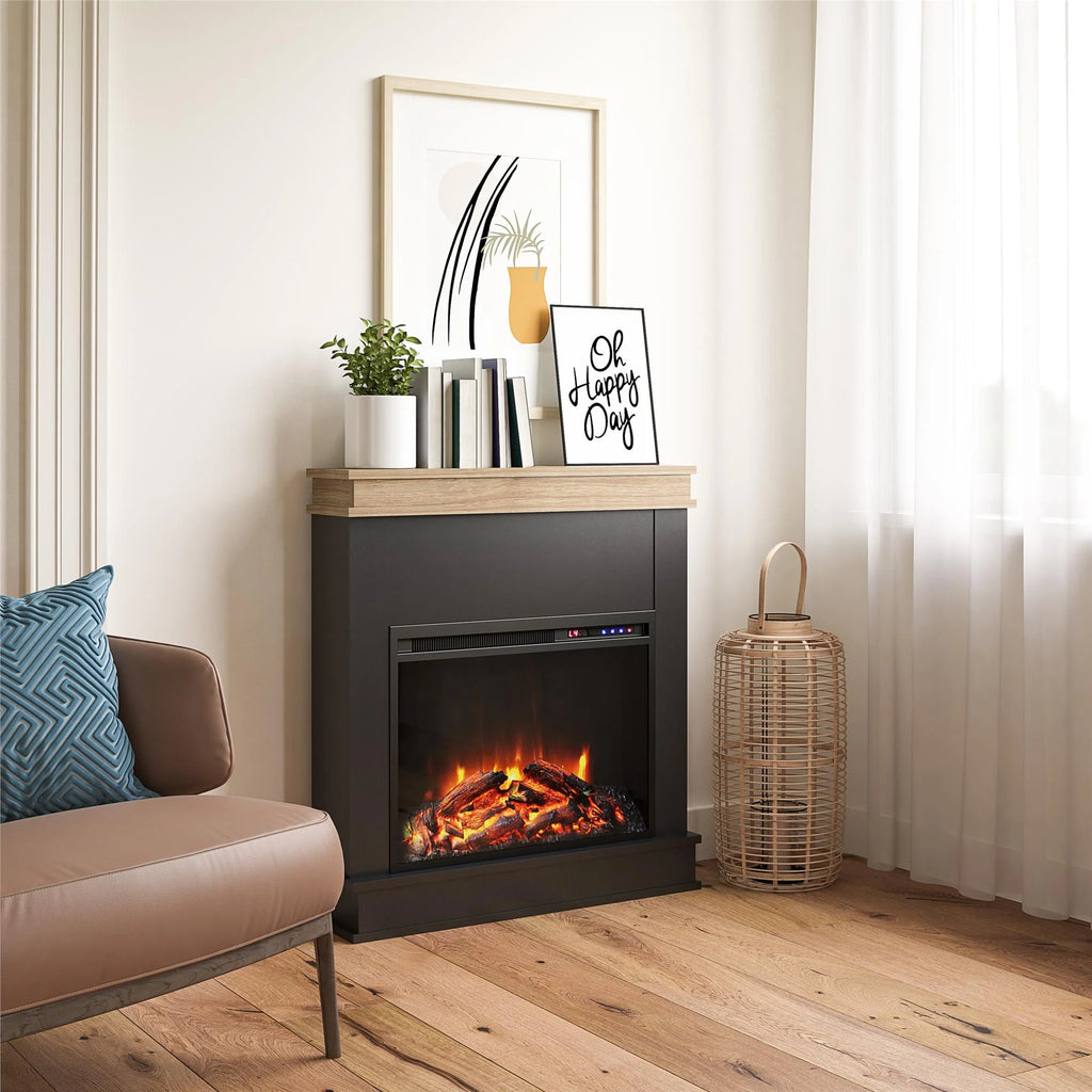 Mateo Electric Fireplace with Mantel and Touchscreen Display, Ivory Oak with Rustic Mantel