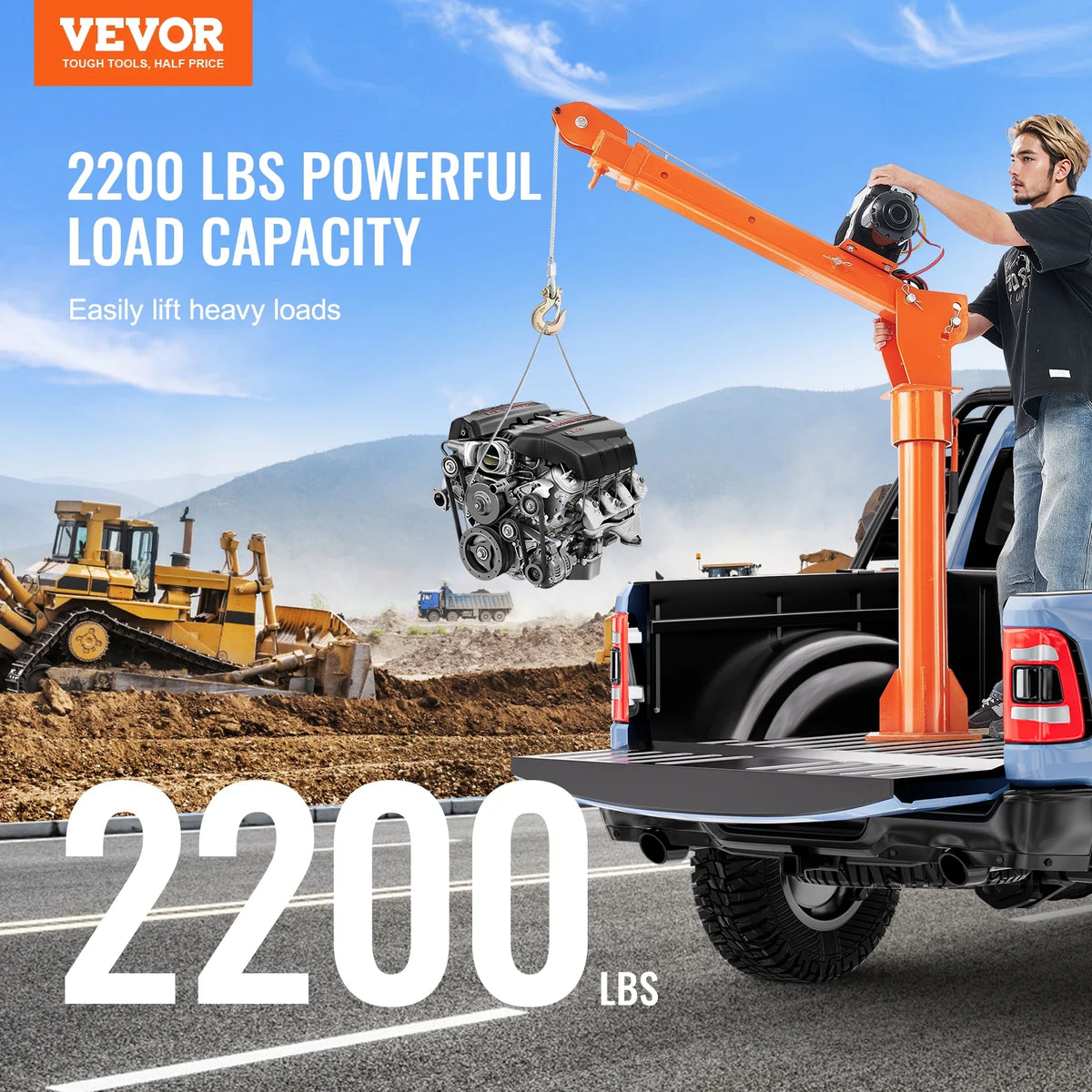 VEVOR Electric Pickup Truck Crane, 2200 lbs, Folding Truck-Mounted Bed Crane with Electric Winch 6000 lbs, Steel Pickup Truck Jib Crane Hoist 360 Swivel for Lifting Goods in Construction, Factory