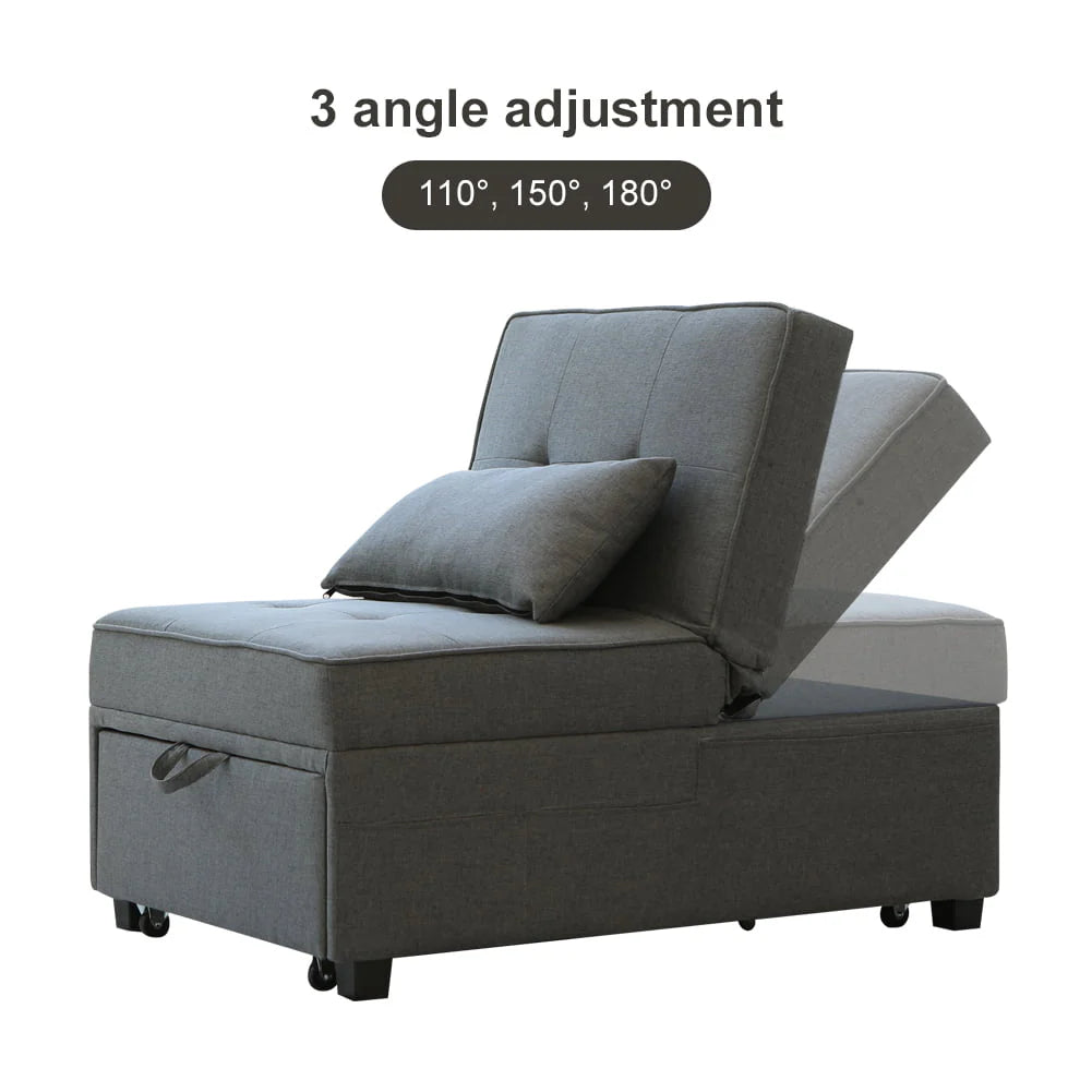 Cynefin Sleeper chair - ottoman bed, chair beds sleeper, 4 in 1 convertible chairs into beds with Lumbar Pillow 3 Side Pockets Linen Fabric Tufted for Living Room Grey