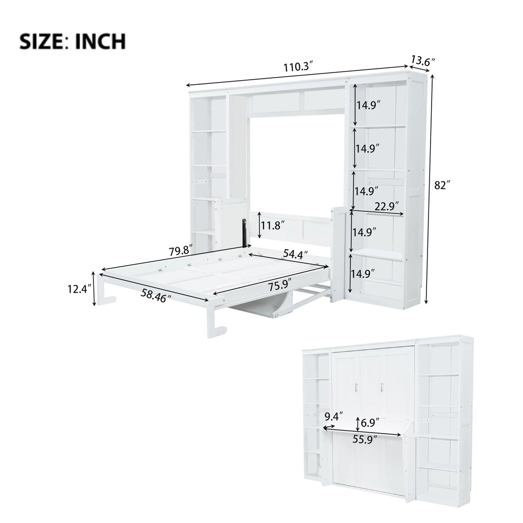 Euroco Wood Full Size Murphy Bed with Desk and Shelves, Space-Saving Wall Bed for Bedroom