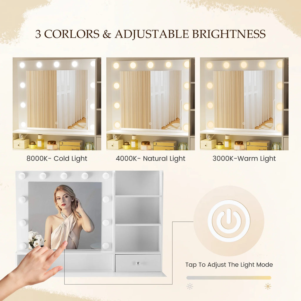 MCQ Dressing Table with Mirror and Light, Adjustable Brightness Dressing Table with Drawers and Storage Shelves, White