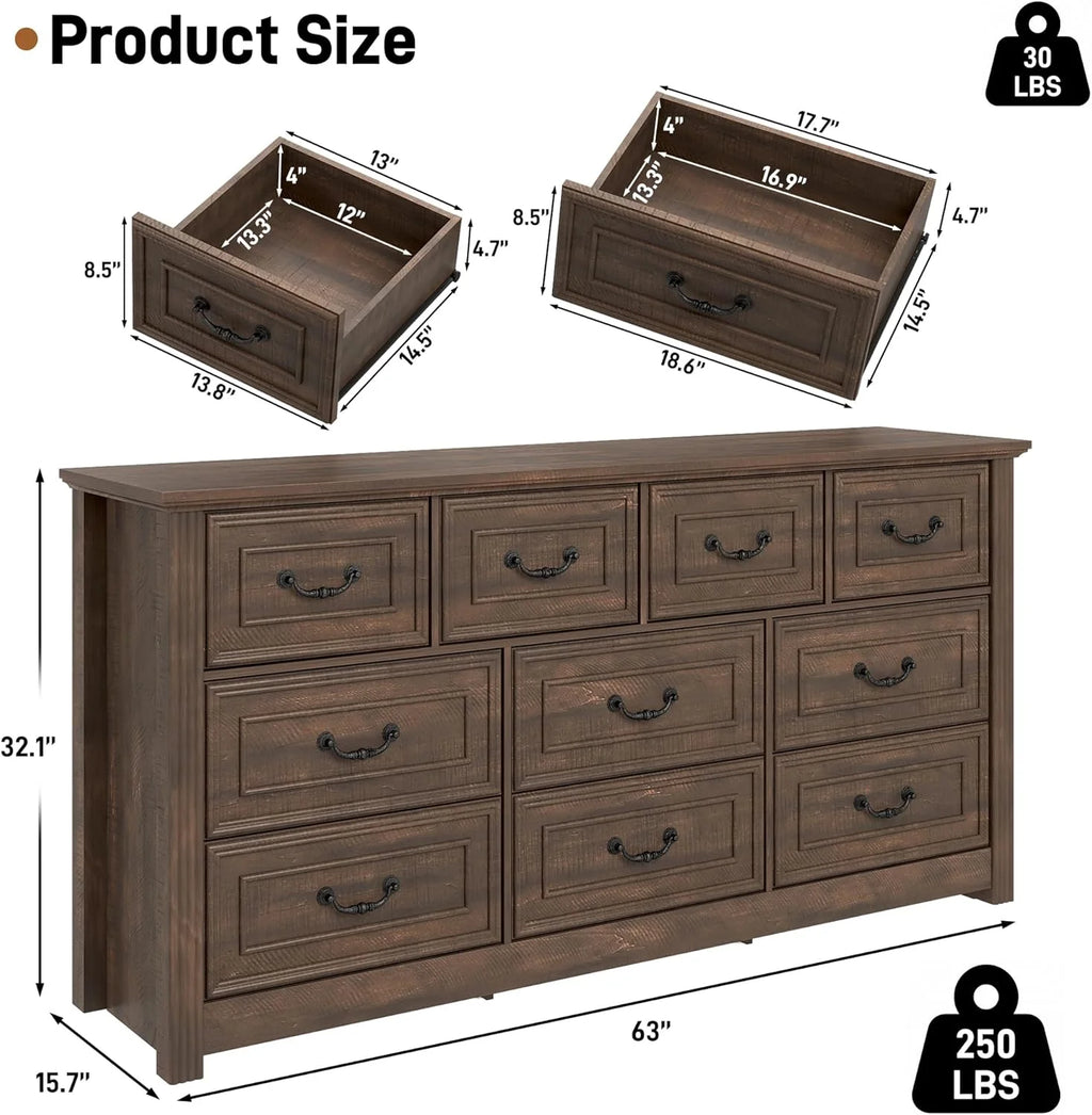 ChVans Farmhouse 12 Drawers Dresser for Bedroom, 63'' Wide Wood Rustic Chest of Drawers with Natural Texture, Vintage Design, Large Storage Dressers Organizer for Living Room, Hallway