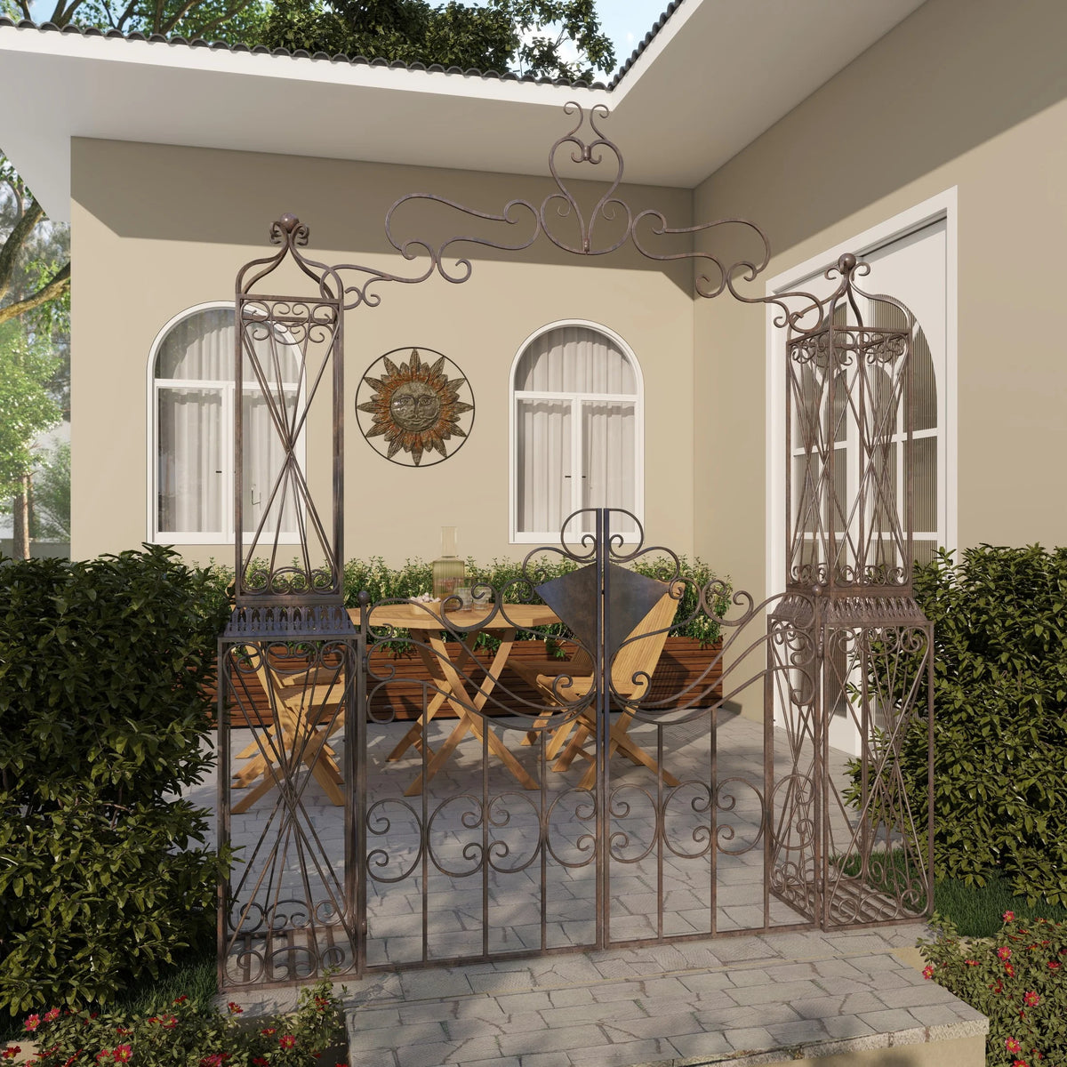 DecMode Traditional Metal Arch with Botanical Design Garden Arbors with Latch Lock Closure, 78"W x 94"H
