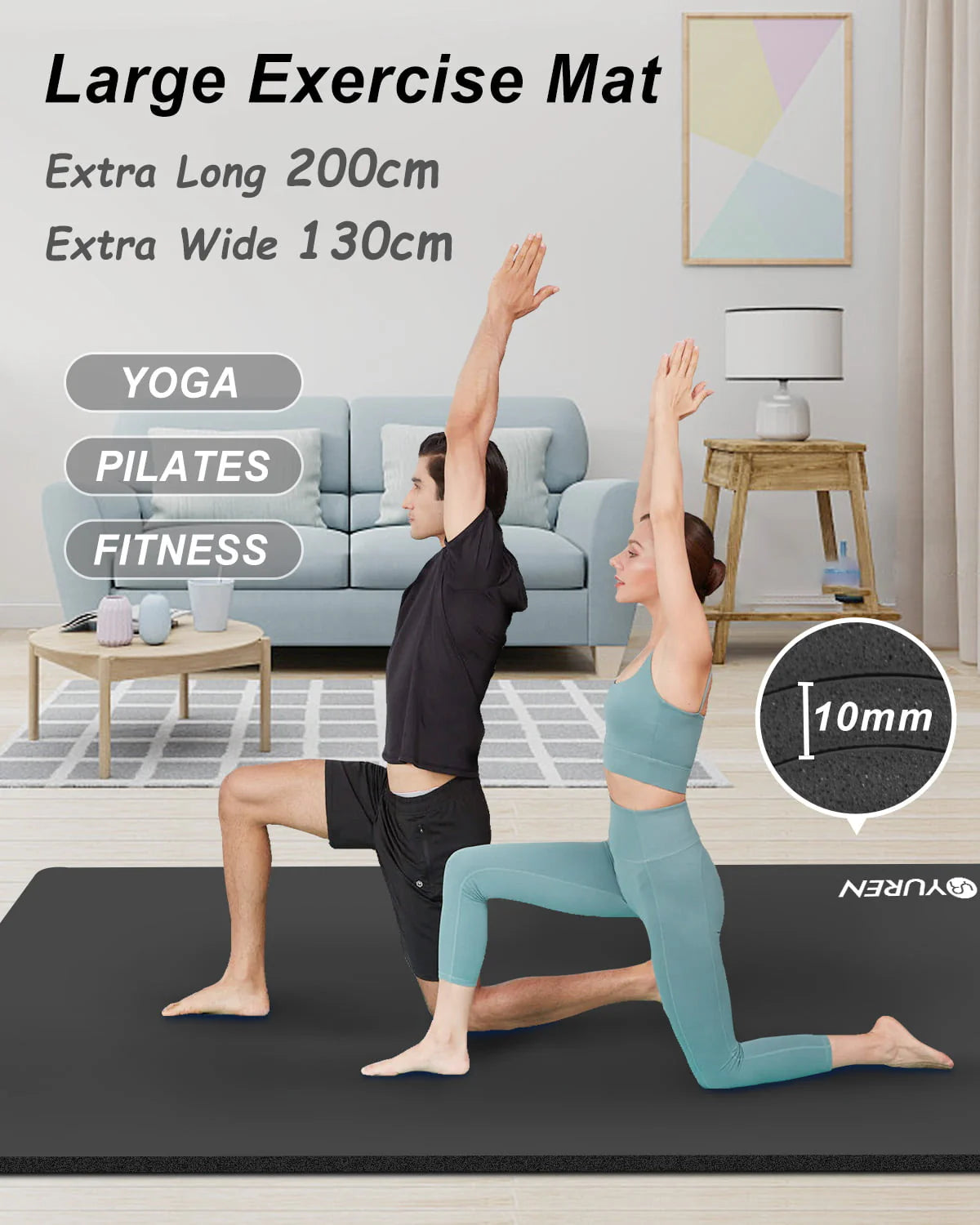 YR Large Exercise Mat 6' x 4' 10mm Thick NBR Stretching Yoga Pilates Workout for Home Gym Black