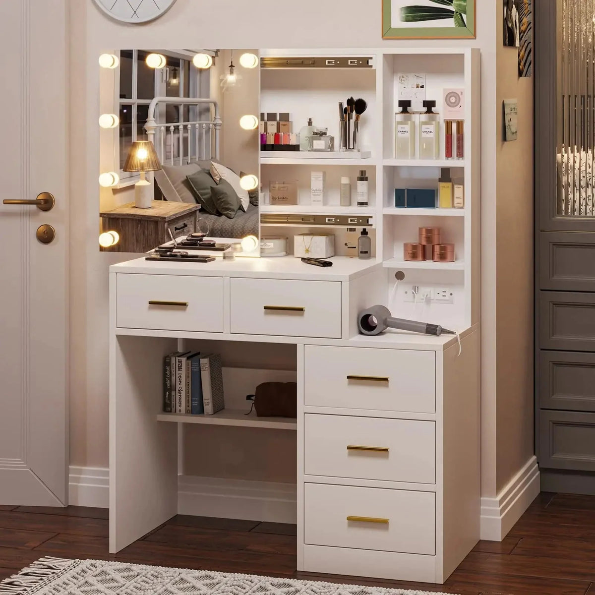 White Vanity Set Desk Table with 10 LED Lights & Charging Station & Sliding Mirror, Modern Makeup Vanity Desk Dressing Table with 5 Drawers for Bedroom, 10 LED Light Bulbs
