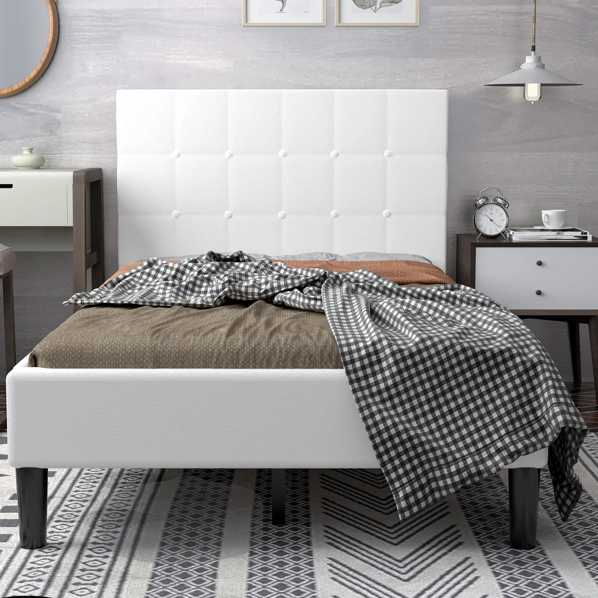 Costway Twin Upholstered Bed Frame Button Tufted Headboard Mattress Foundation Beige