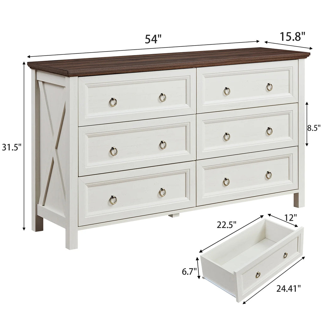 HIUU Farmhouse 8 Drawers Dresser,54 Inch Wide Rustic Wood Dressers & Chest of Drawers for Living Room, Bedroom, Hallway, Closet, Office, Antique White