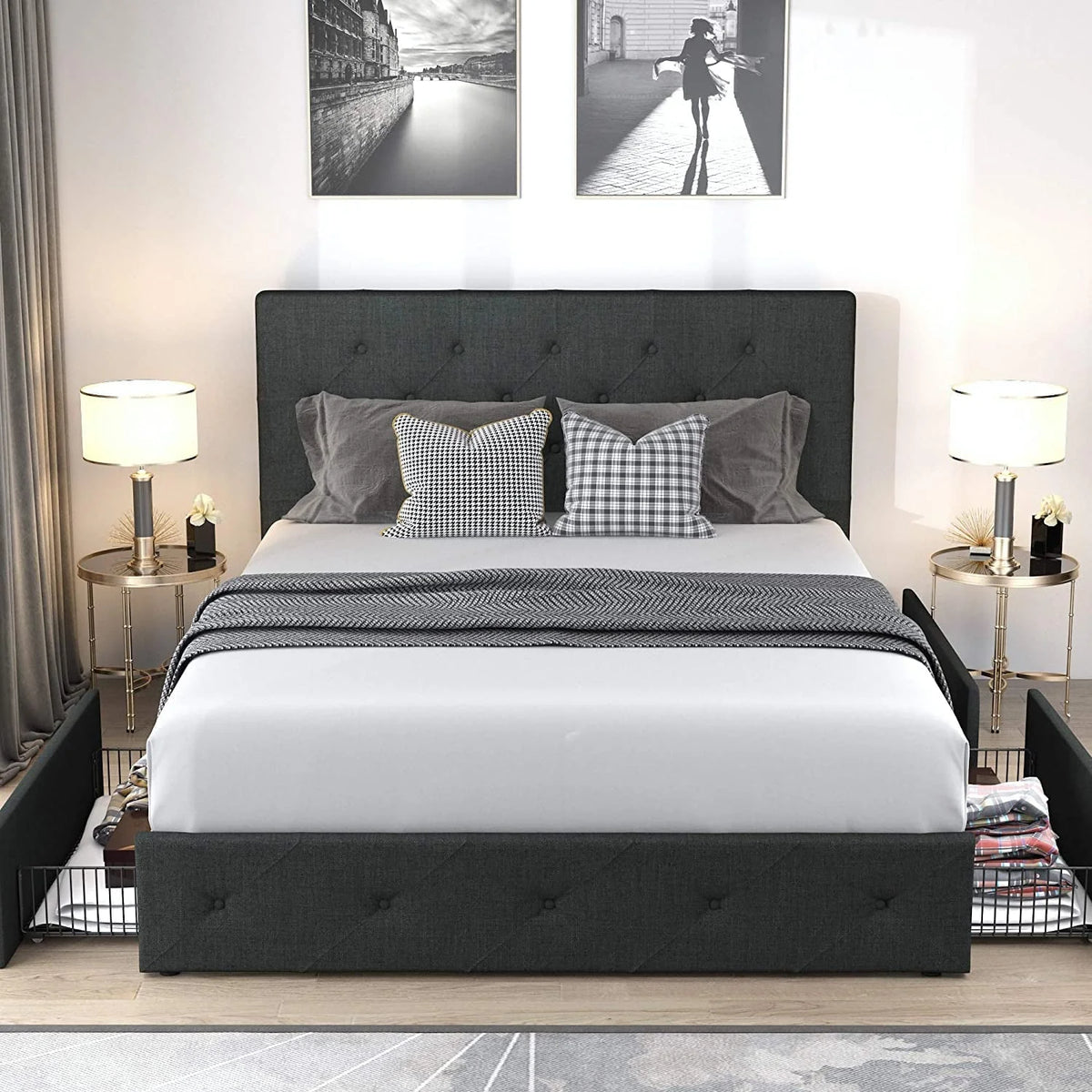 Allewie Queen Platform Bed Frame with 4 Drawers Storage and Headboard, Diamond Stitched Button Tufted Upholstered Mattress Foundation with Wood Slat Support, Dark Grey