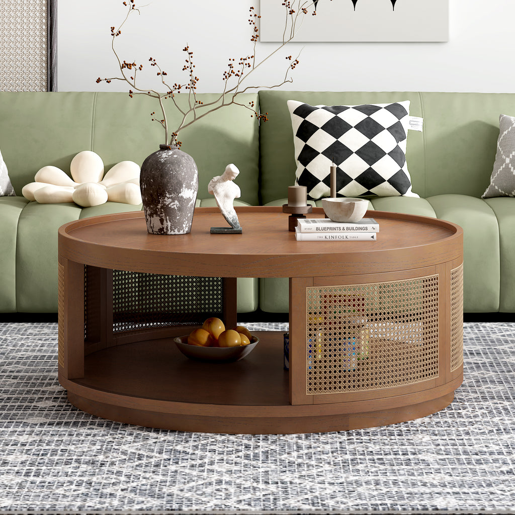 Harper & Bright Designs Rattan Round Coffee Table with Storage Shelf, Round Cane Wood Center Table for Living Room, 37'' Brown