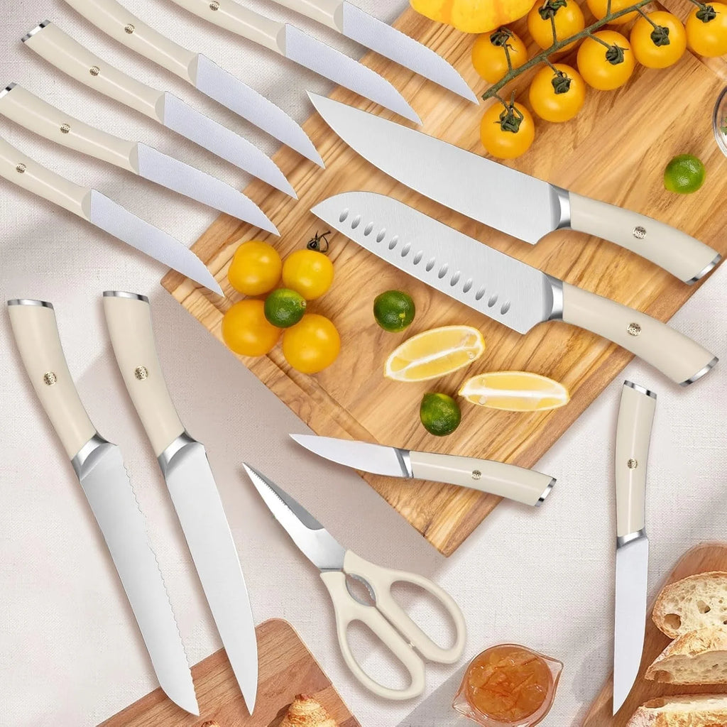 Ivory Knife Block Set (15-PCS) High Carbon Stainless Steel, Built-in Sharpener, Forged Chef Blades