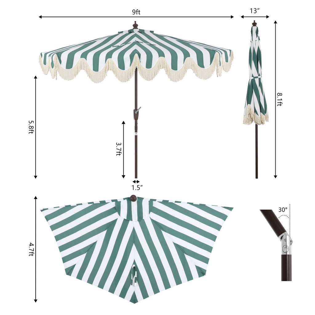 JONATHAN Y Beverly 9 ft. Half Market Patio Umbrella, Designer Classic Scalloped Fringe with Crank, Tilt Button and UV Protection, Blue/White/Cream, Dark Brown Pole