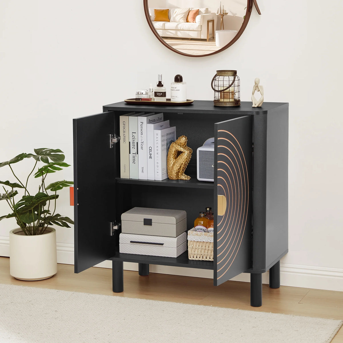 Accent Cabinet with Round Carved Line Door for Entryway Hallway, Walnut Sideboard Buffet Cabinet, Storage Cabinet with Adjustable Shelves for Living Room