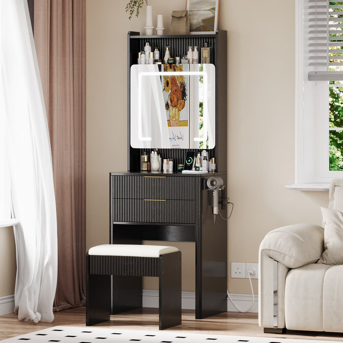 UGTOO 45.2" Modern Vanity Desk with LED Mirror & USB Charging, Wood Makeup Dressing Table with 7 Drawers for Bedroom