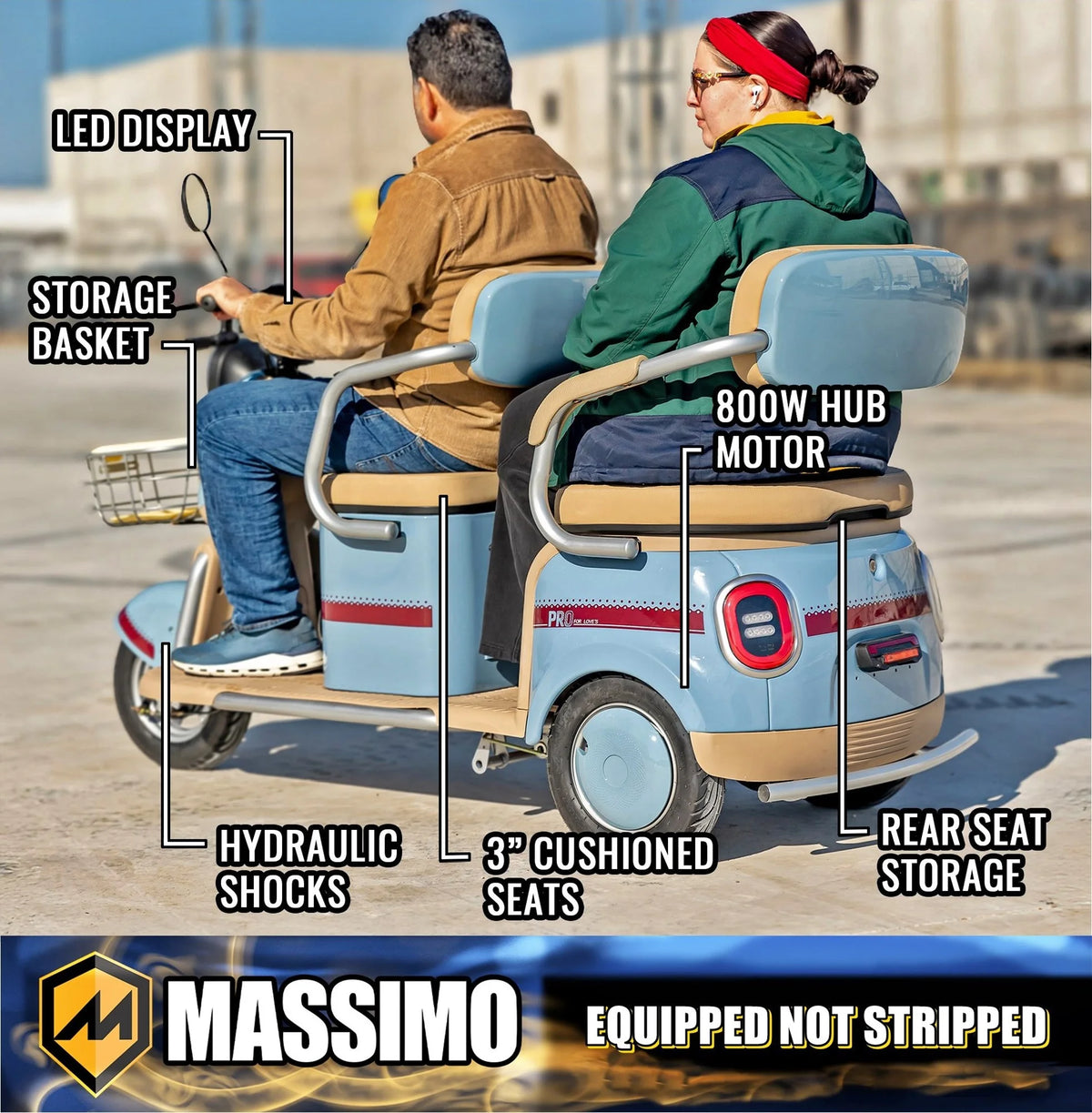 Massimo MGC E-Trike 3-Wheel Electric Cart 17 MPH, 2-Seater Adult Scooter Blue