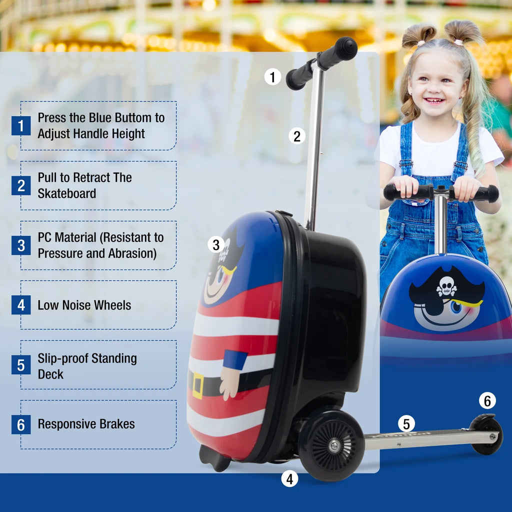 Kids Luggage Scooter, 3-Level Height Adjustable, Pirate Theme  Foldable Carry-On Suitcase, Lightweight Ride-On Scooter