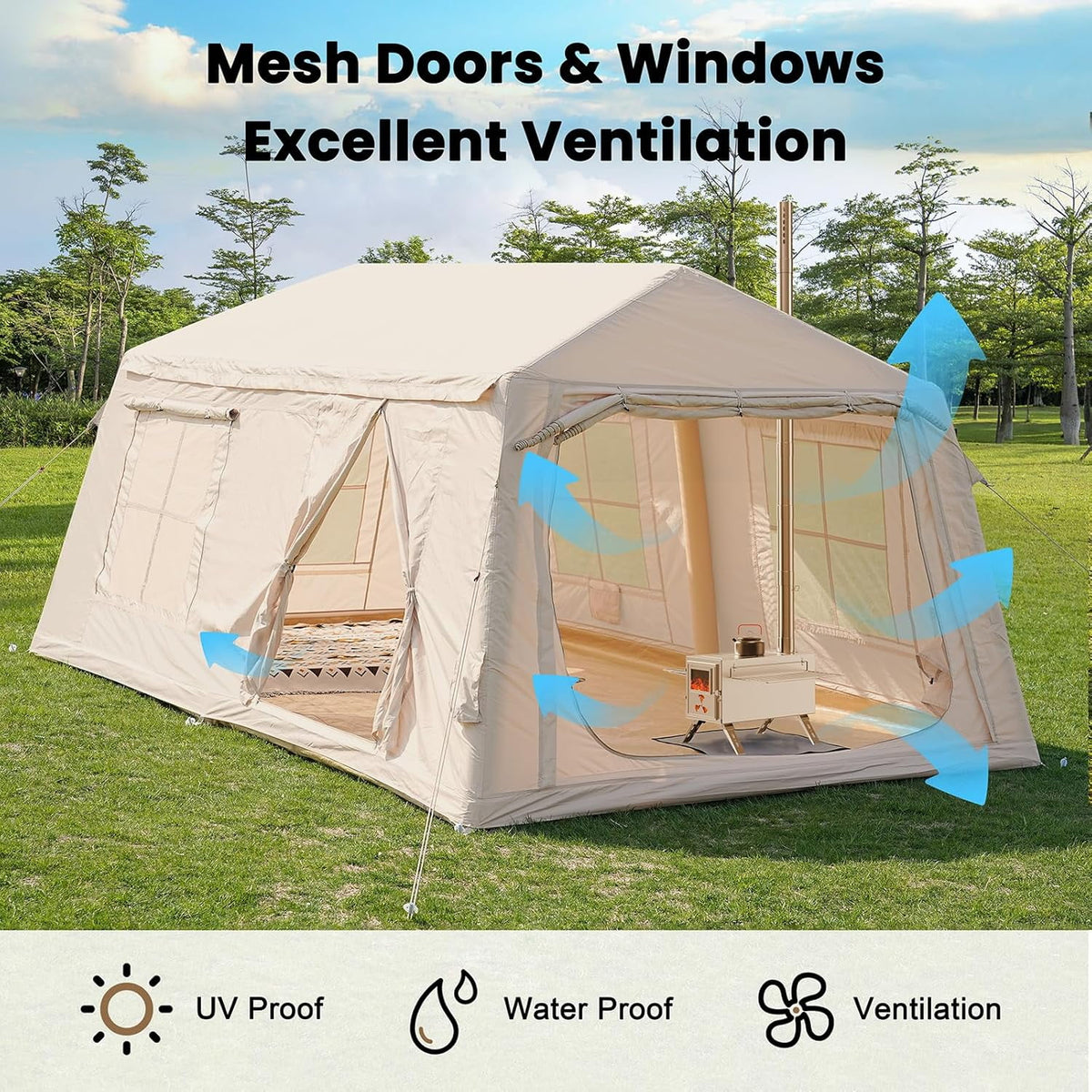 Inflatable Tents for Camping, Blow Up Tent with Canopy, Easy Setup Inflatable Camping Tent with Stove Jack, Waterproof Oxford Air Glamping Tents for Camping Adult 8-10 Person