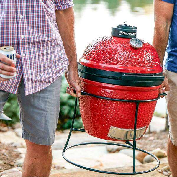 Joe Jr. 13.5 in. Portable Charcoal Grill in Red with Cast Iron Cart, Heat Deflectors and Ash Tool