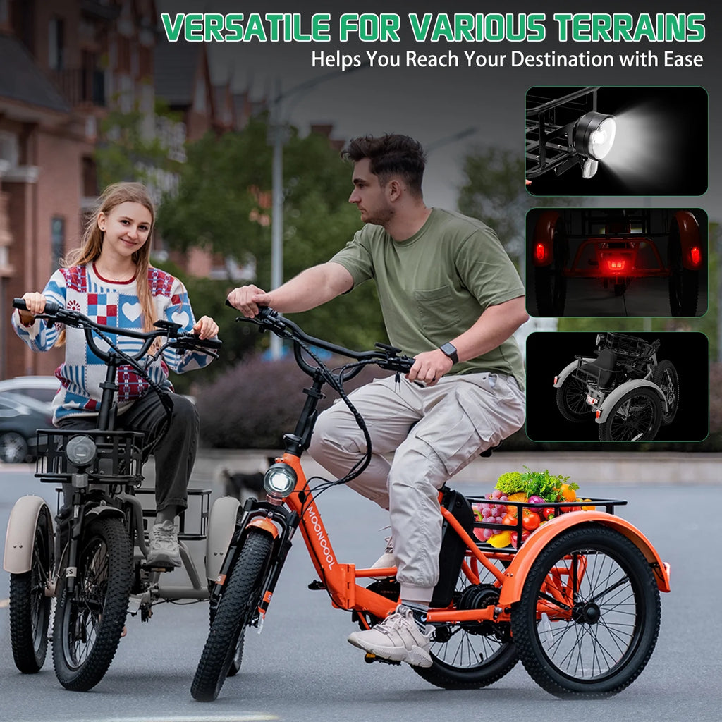 MOONCOOL TK1 Folding Electric Tricycle for Adults,48V 14.5Ah Removable battery, 500W（Peak 1000w）Motor, 20" Fat Tire Step-Thru 3Wheel Electric Bicycle w/Front&Rear Baskets, Certified to UL 2849 by SGS