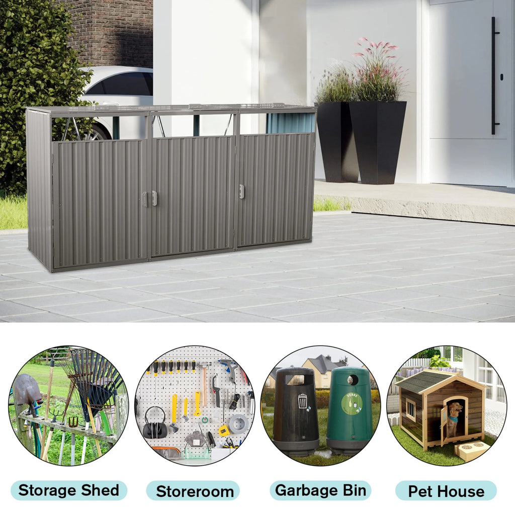 JXXRZ Metal Garbage Bin Shed for 2 Trash Cans with Lockable Doors and Lids,Galvanized Steel Garbage Bin Storage Shed for Garden Yard Lawn, Black