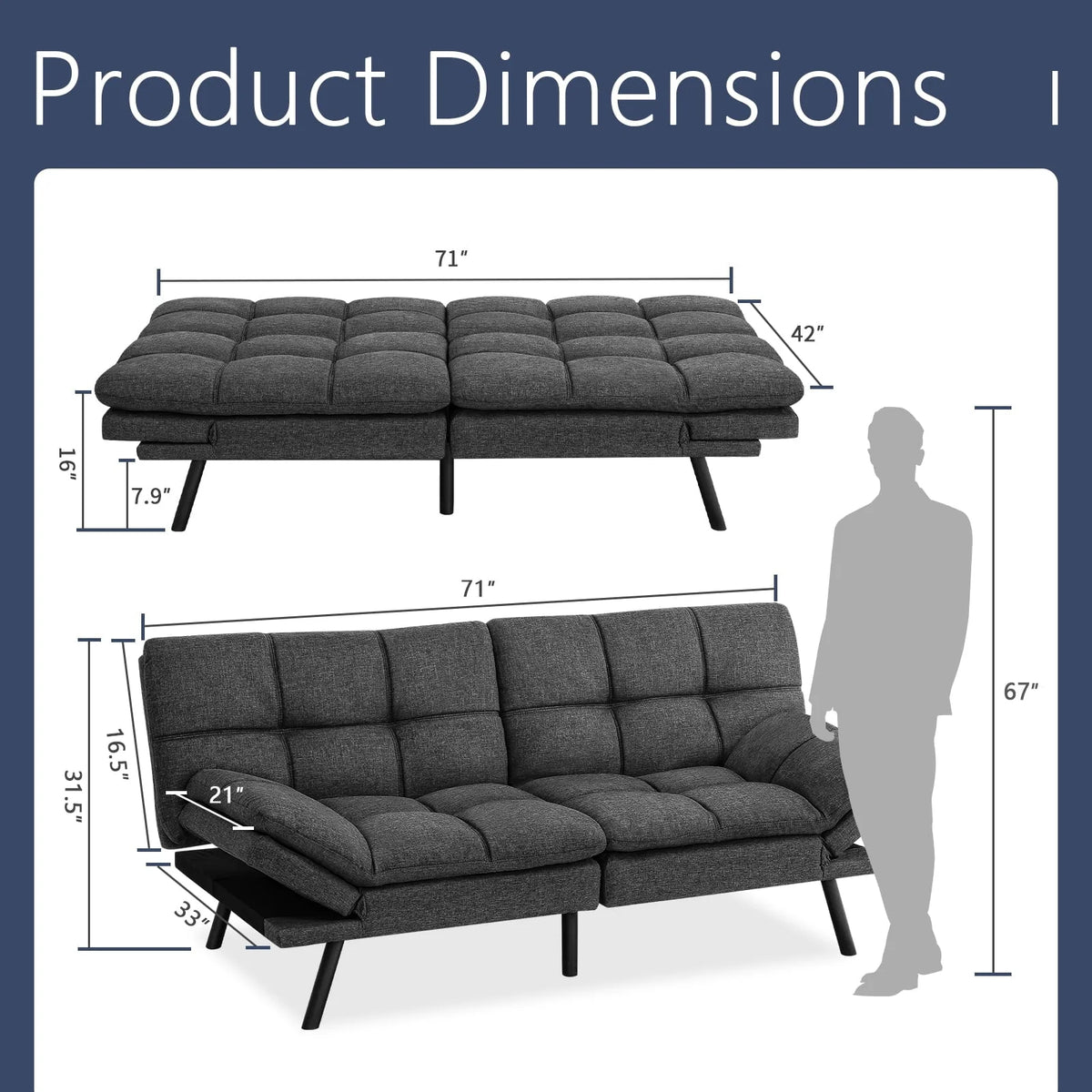 Convertible Memory Foam Futon Sofa Bed with Adjustable Armrests and Backrest,Gray