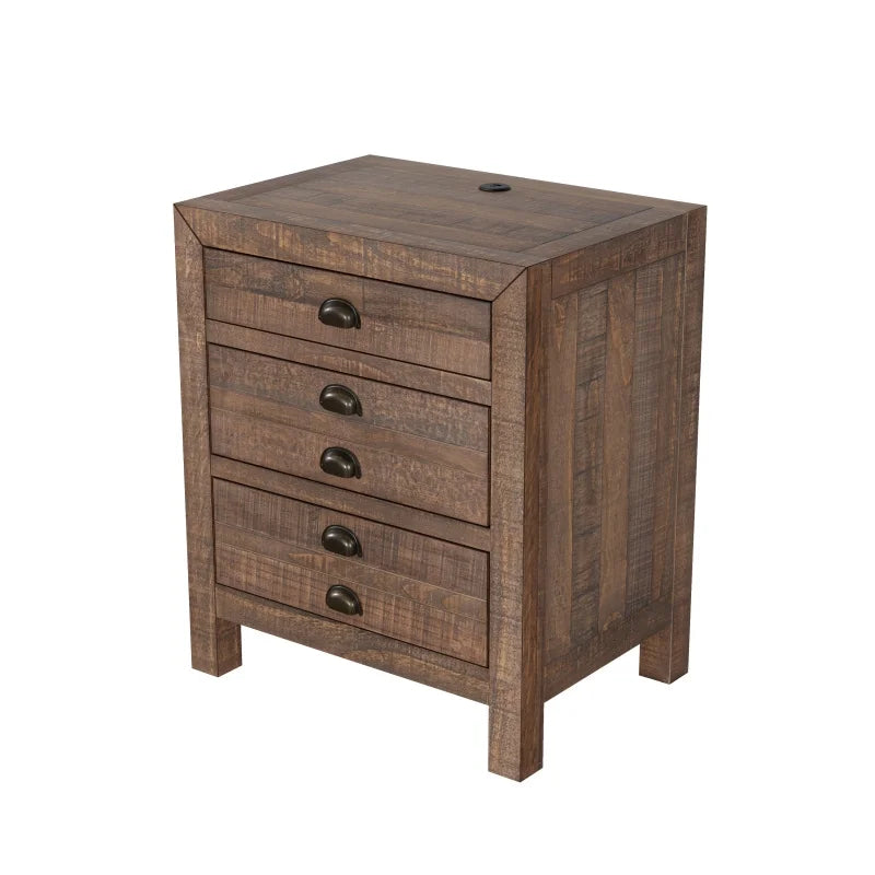 Rustic Farmhouse Style Three-Drawer Solid Pine Wood Nightstand  Set of 2,with Cup Pulls and Integrated Charge Station