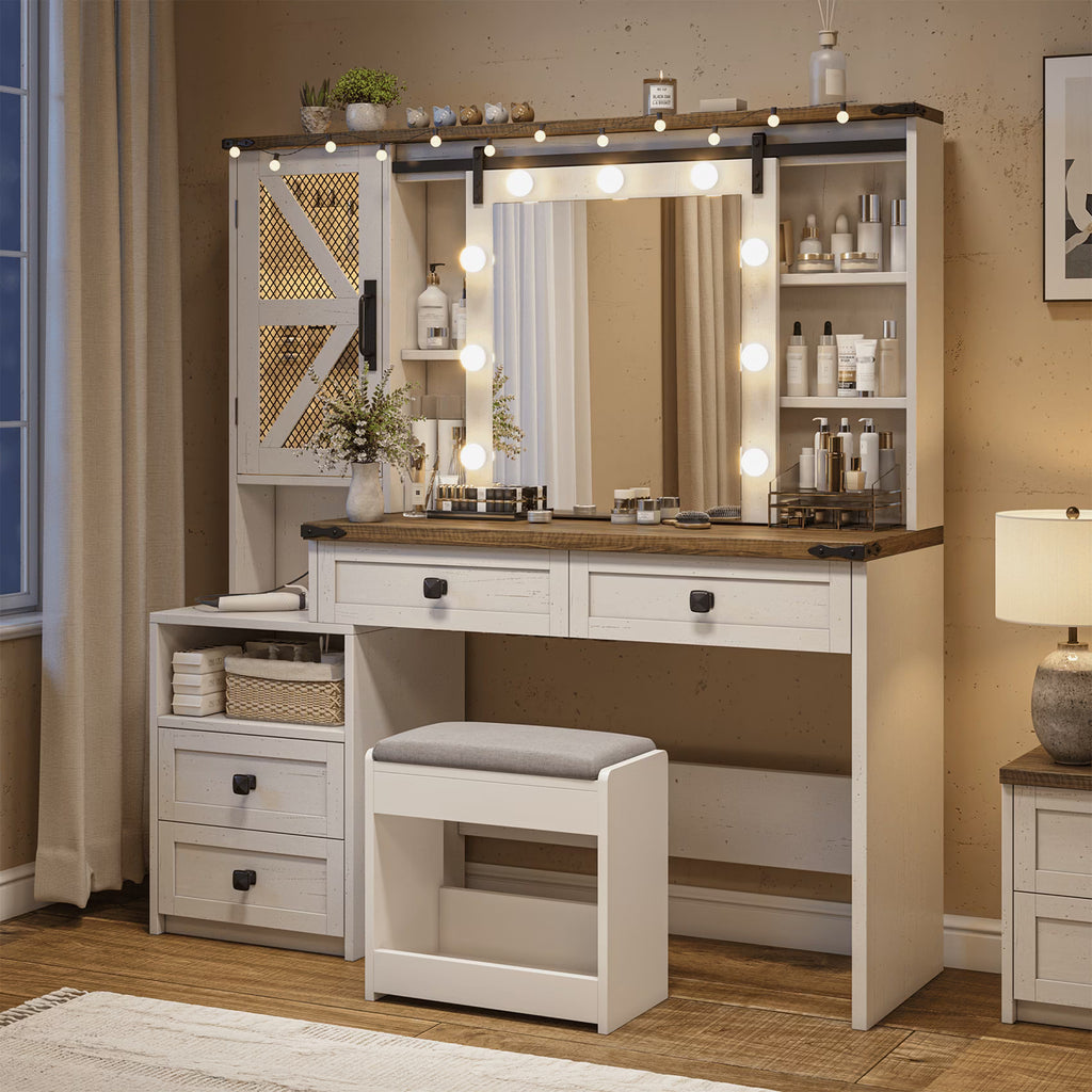 EnHomee Makeup Vanity Desk with Lighted Mirror Large Vanity with 4 Drawers Farmhouse Vanity Set with Mirror and Lights,White