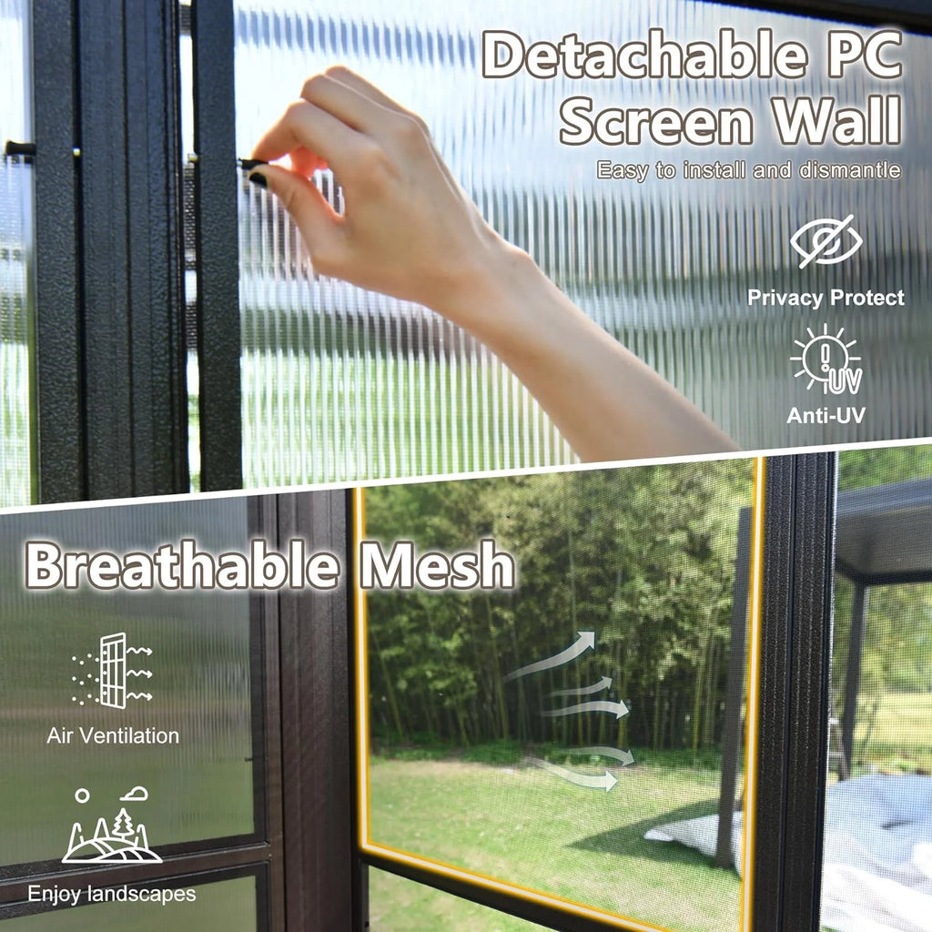 Domi Outdoor Living 10' x 12' Hardtop Lean-to Gazebo, Wall-Mounted with Galvanized Steel Roof Wall Pergola with Aluminum Frame, Curtains and Netting, for Patio, Deck, Garden, Backyard