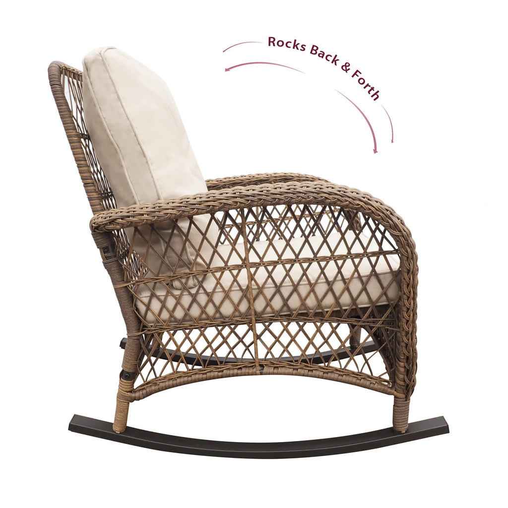 JP Outdoor 3Pcs Outdoor Wicker Rocking Porch Chairs with Coffee Table,Kahki