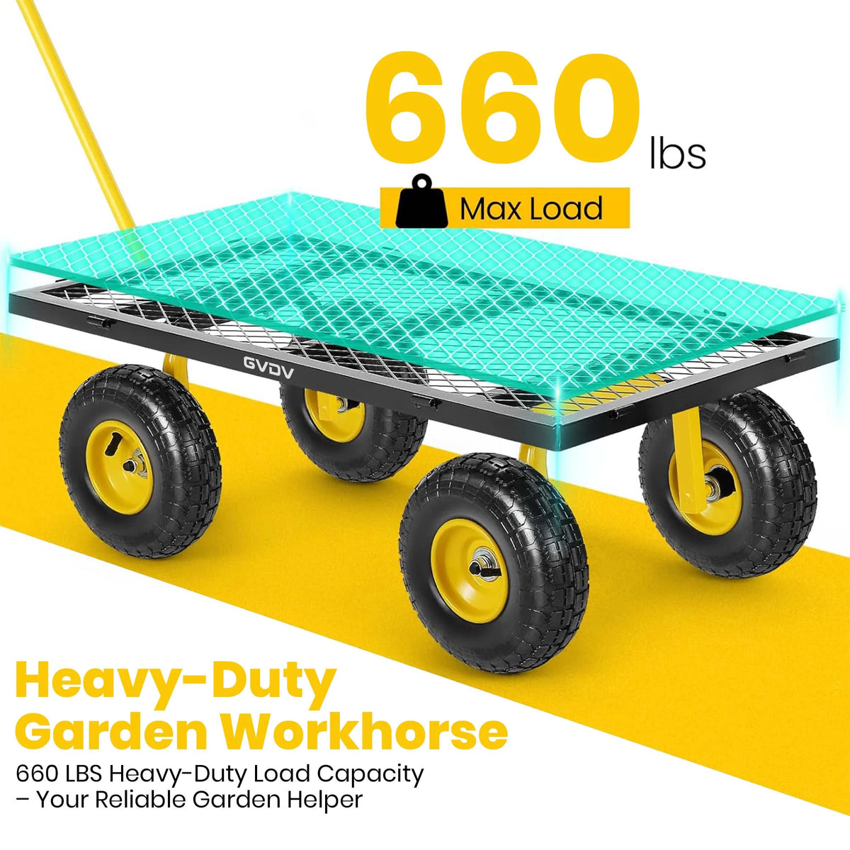 GVDV Heavy Duty Steel Garden Cart with Liner, 660lbs Capacity, 3 Cu ft, 10" All-Terrain Wheels, Black/Yellow Durable Utility Cart for Yard Work, Hauling, and Outdoor Use