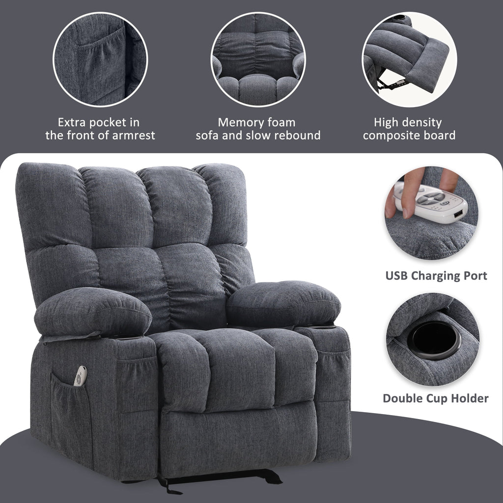 JONPONY Manual Recliner Chair with Heat Therapy and Massage Function, Heavy Duty Reclining Mechanism Massage Chair, Elderly Single Rocker Sofa with Cup Holders for Bedroom Home Theater,Grey