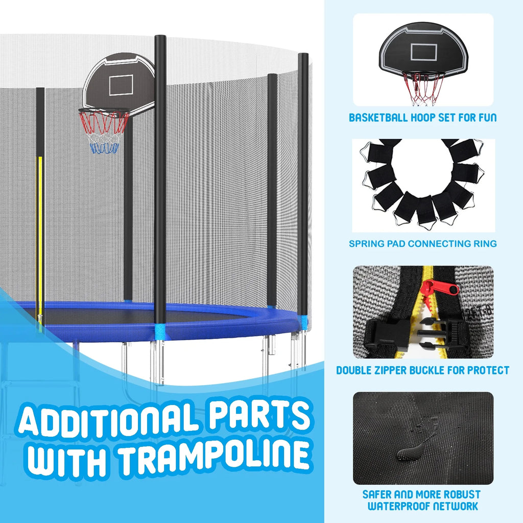 Trampoline Outdoor, 14FT Kids Trampoline with Enclosure Net and Ladder, Upgrade All-Weather Round Trampoline Curved Design with 5 Heavy-Duty Steel Legs