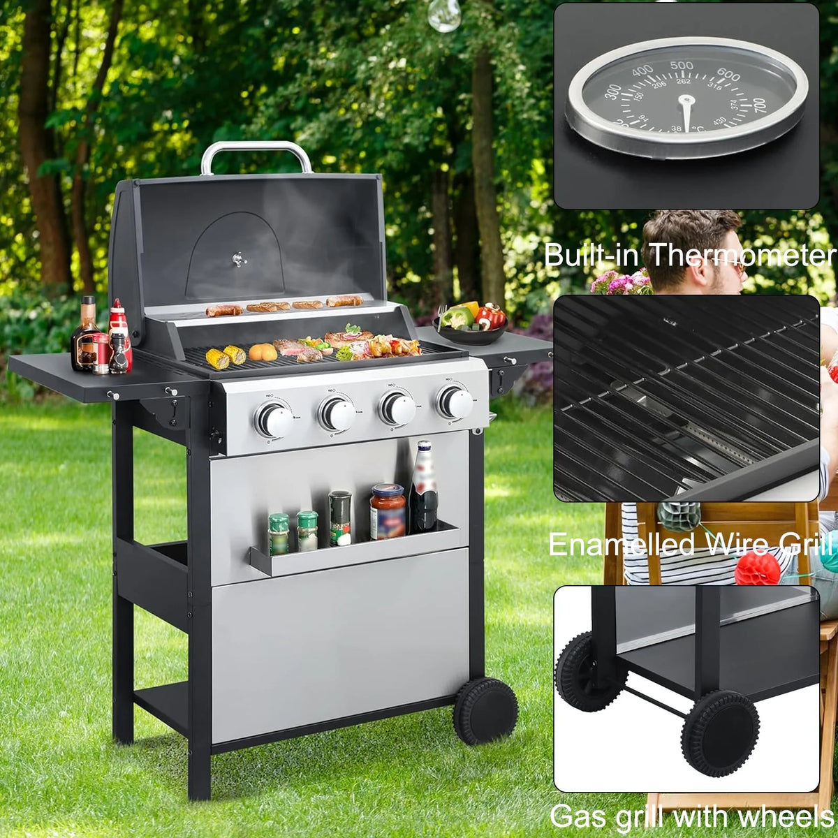 4-Burner Propane Gas BBQ Grill with Side Burner, Stainless Steel Gas Grill with Rain Cover, 40,500 BTU High-Output, Built-in Thermometer for Outdoor, Backyard, Patio BBQ Cooking