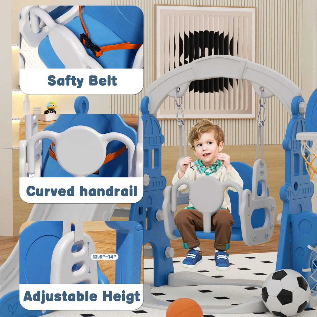 KORIMEFA 6-in-1 Kids Slide and Swing Set - Perfect for Toddlers 1-6 Years - Indoor and Outdoor Playground Slide, Swing, Basketball Hoop, and Climber Toy