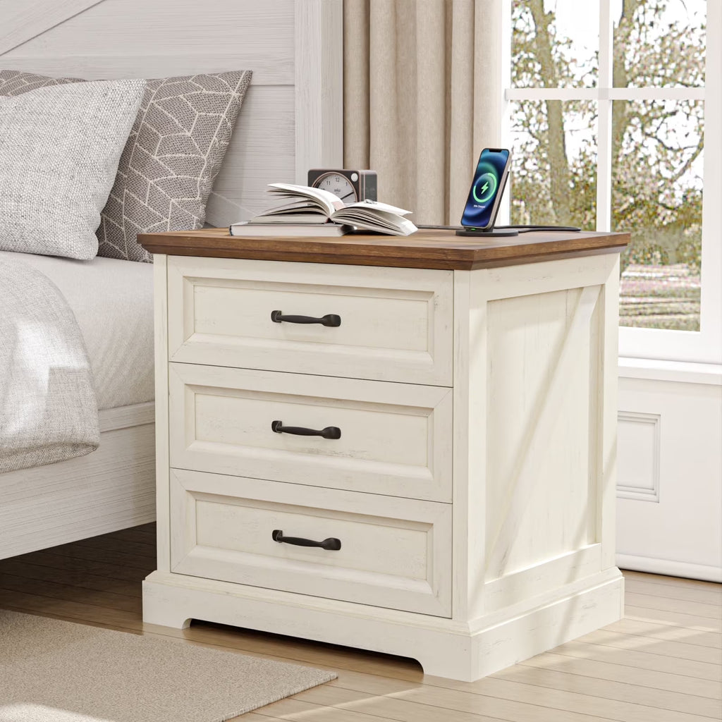 Hommpa Farmhouse 3 Drawers Nightstand with Charging Station, Rustic Wood Night Stand with Drawers for Bedroom, Vintage Bedside Table Small Dresser Chest of Drawers for Living Room, White
