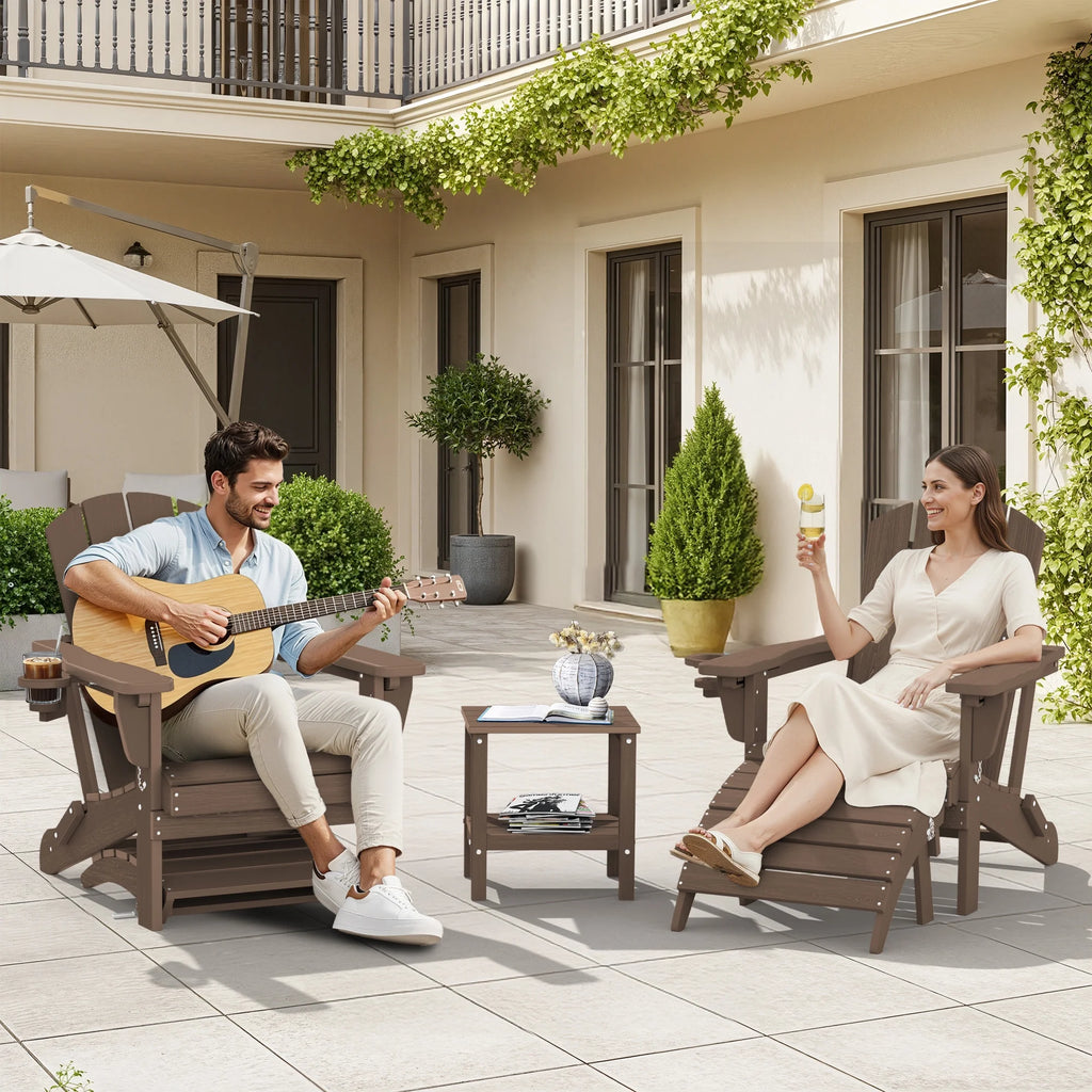 SERWALL Outdoor Adjustable Folding HDPE Adirondack Chairs Set of 2 with Cup Holder, Gray